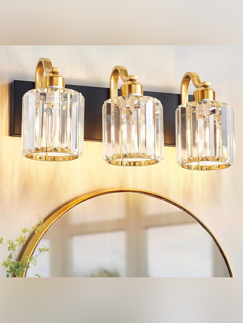 Black and Gold 3-Lights Bathroom Light Fixture Over Mirror, Crystal